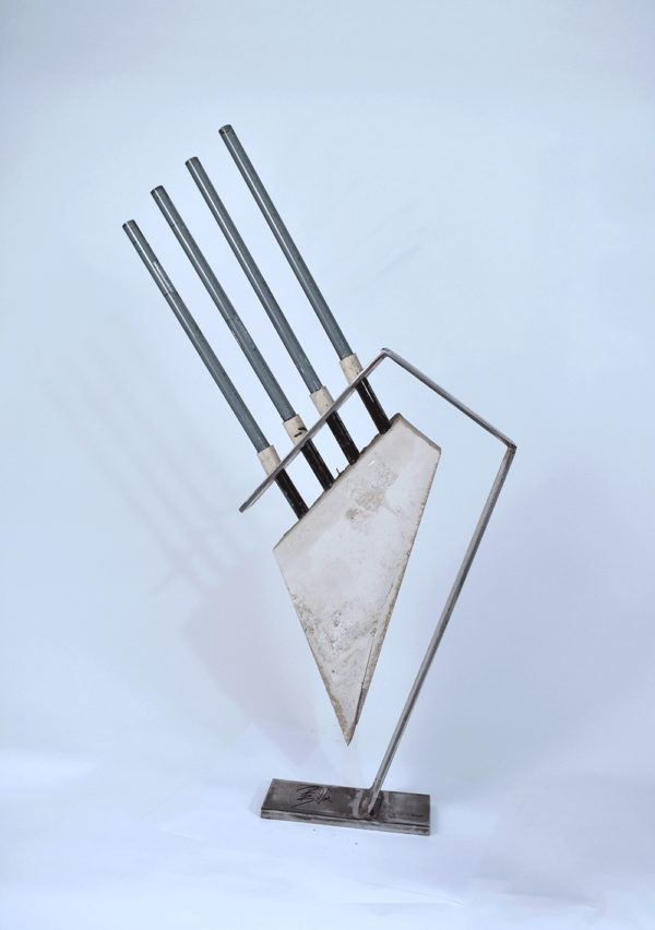 Steel, concrete and glass sculpture. glass rods holding a triangle concrete block.