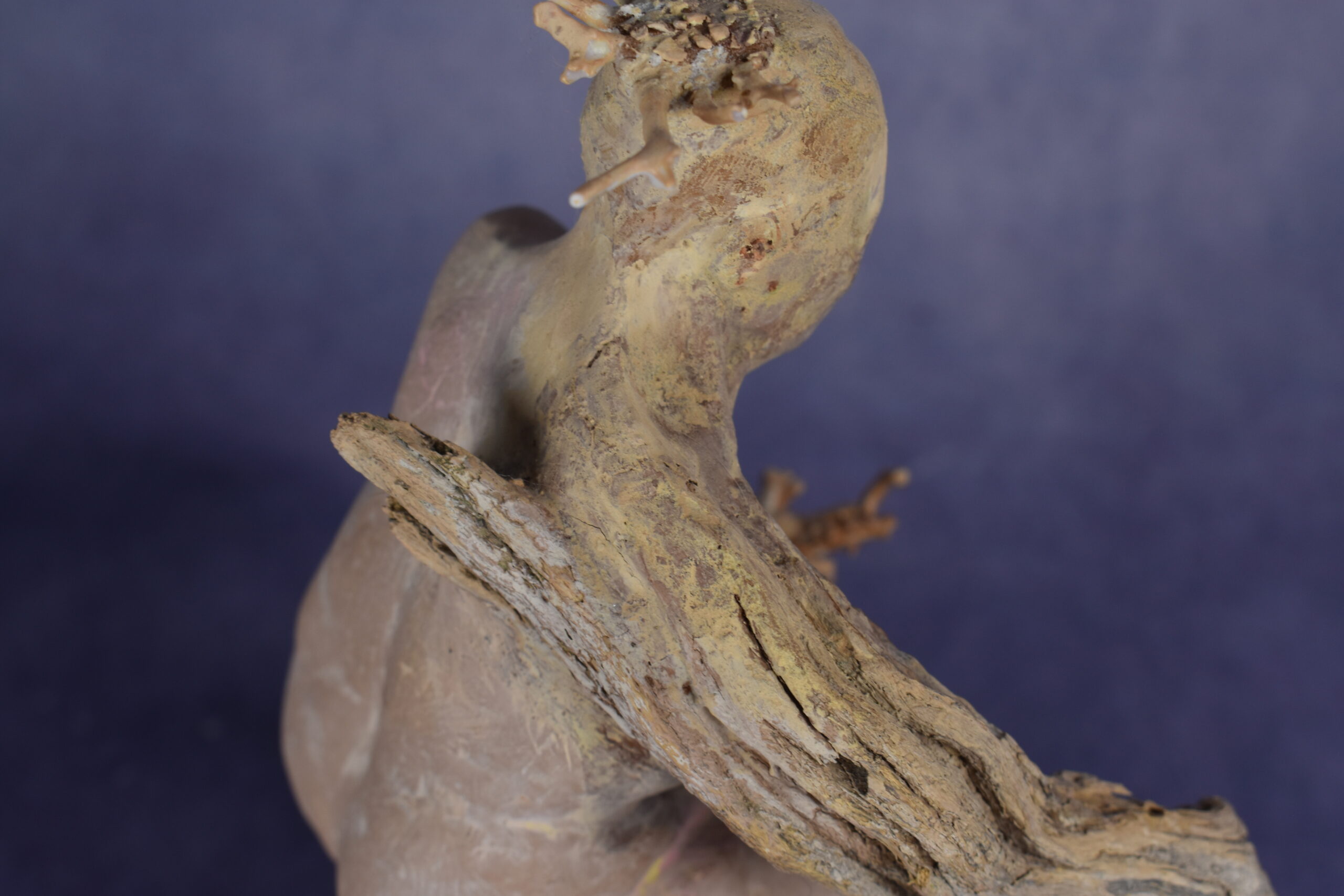 Close-up arm view: clay sculpture of seated woman with a branch for an arm and coral protruding from her head like a crown.